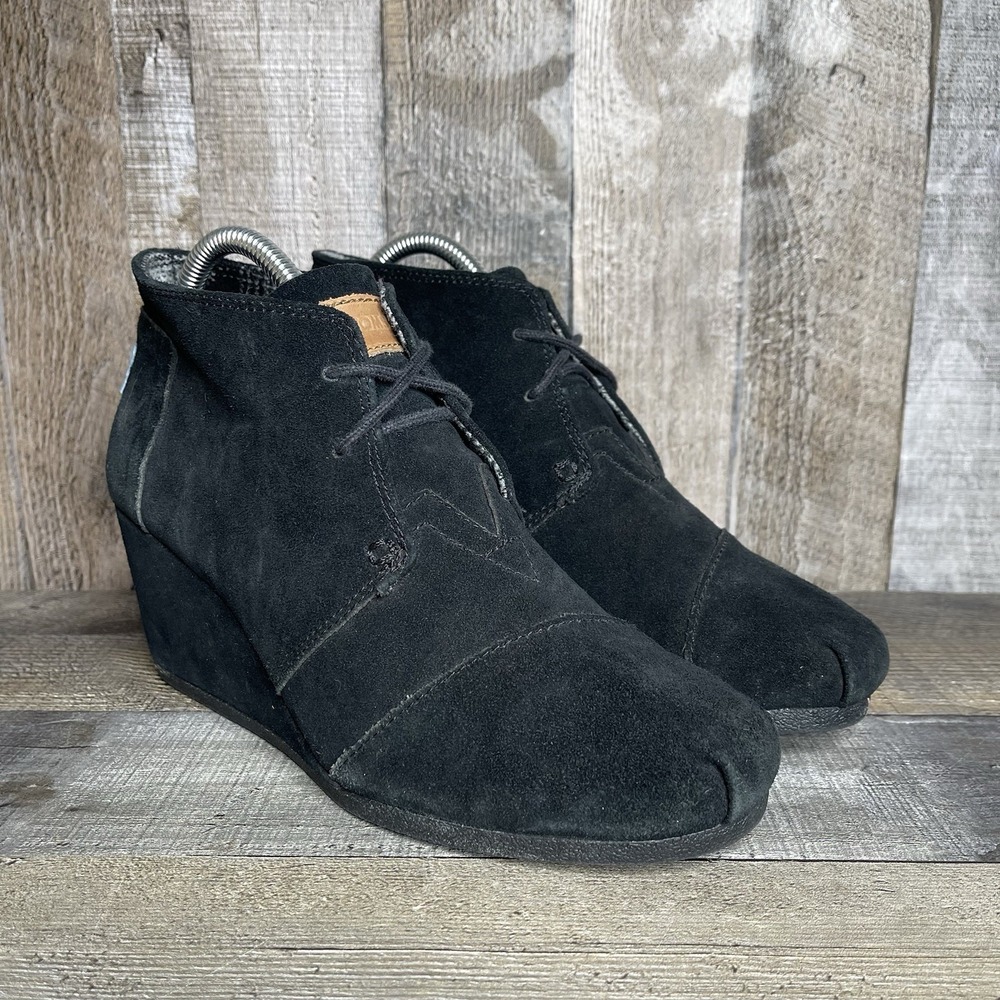 Womens Toms Desert Black Suede Lace Up Wedge Chukka Ankle Boots Booties Size 9.5